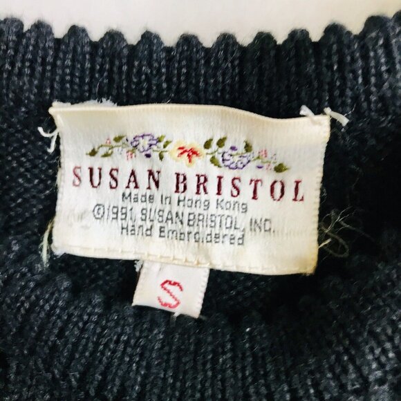 Susan Bristol Vintage Hand Embroidered Bead Wool Top Womens Size Small Black - Picture 6 of 9